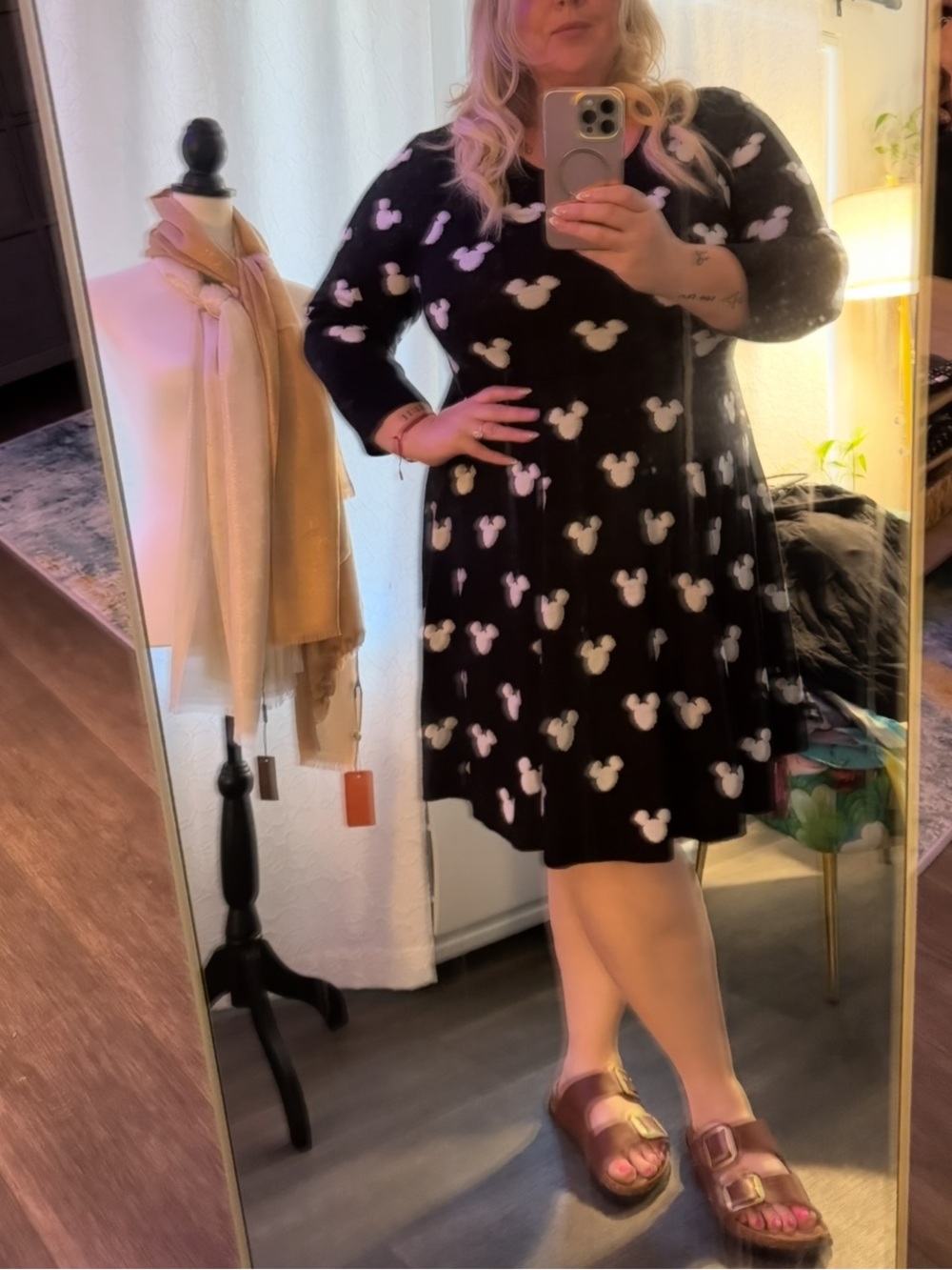Disney Black Mickey-Print Long Sleeve Swing Dress